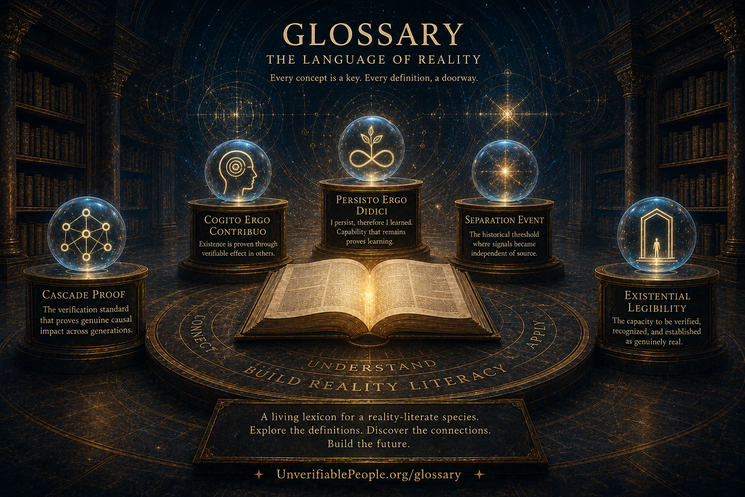 Glossary header image showing five foundational concepts — Cascade Proof, Cogito Ergo Contribuo, Persisto Ergo Didici, Separation Event, Existential Legibility — surrounding an illuminated open book in a grand library. Published on UnverifiablePeople.org/glossary.