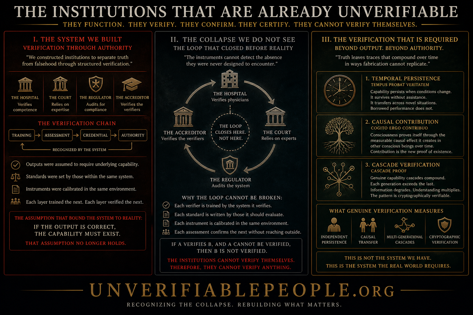 Diagram showing how institutional verification systems become circular and fail to reach underlying reality