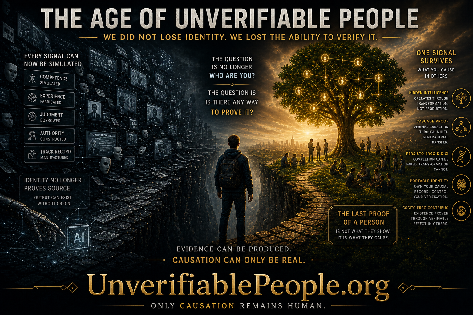 The Age of Unverifiable People visual showing simulated signals versus human causation as proof of identity