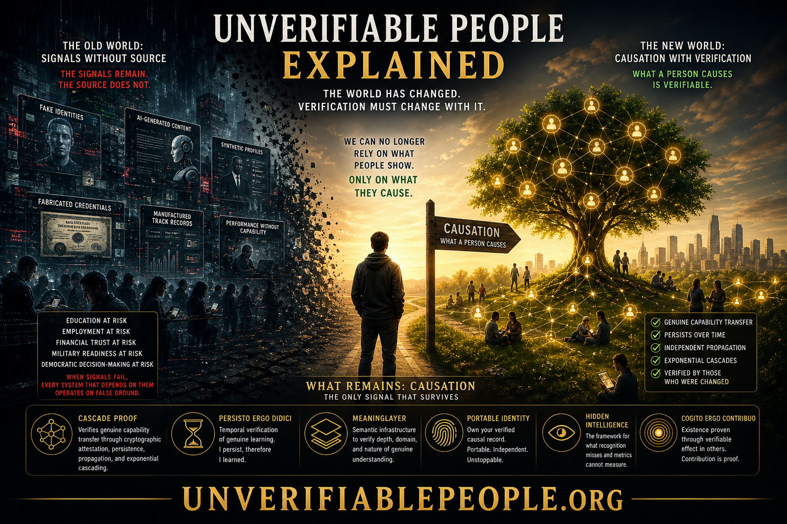 Unverifiable People explained visual showing collapse of signal-based verification and shift to causation-based identity
