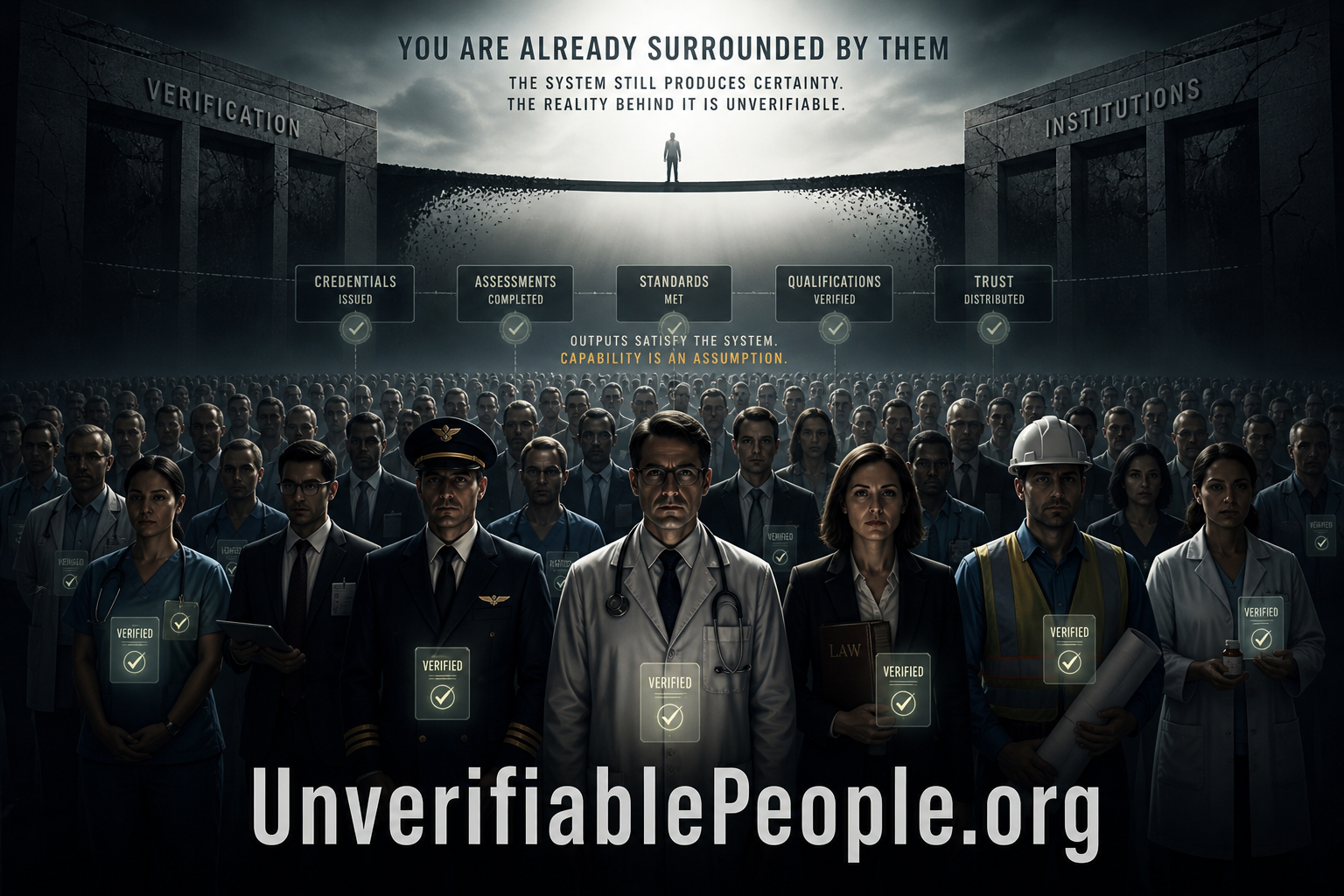 Infographic showing professionals marked as verified despite the collapse of verification systems, illustrating the Fabrication Threshold and unverifiable competence